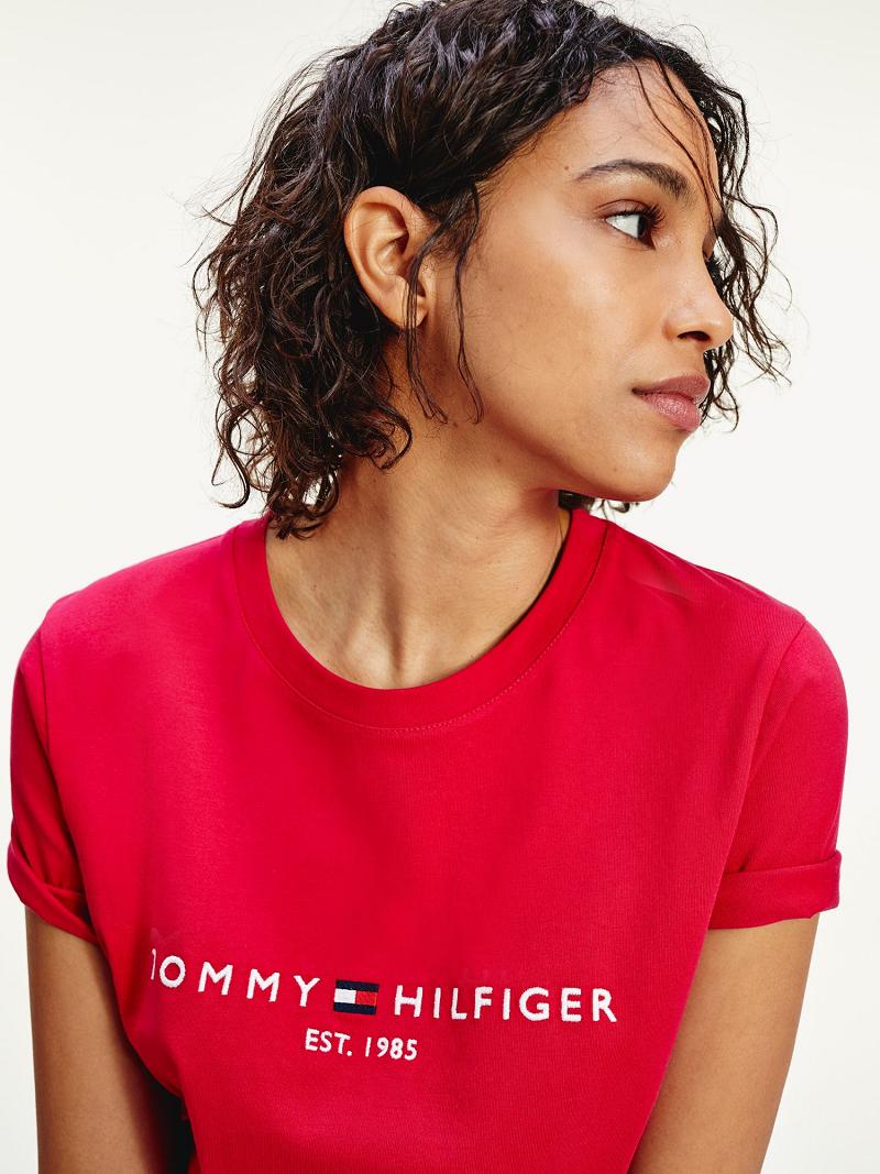 Női Tommy Hilfiger Organic Pamut Logo Póló Piros | HU 472OKI